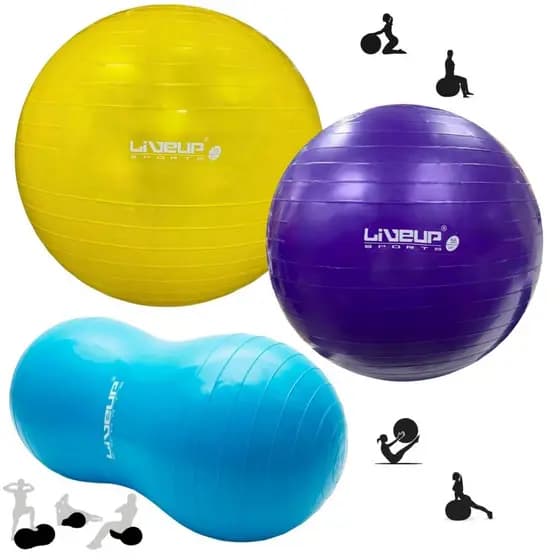 Kit Bola Suíça 75cm + 55cm + Bola Feijão 90 X 45cm Liveup Treinamento, Yoga, Pilates e Fisioterapia