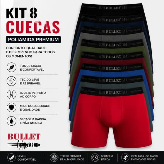 Kit 8 Cuecas Boxer Poliamida Premium – Conforto, durabilidade e praticidade para todos os dias.