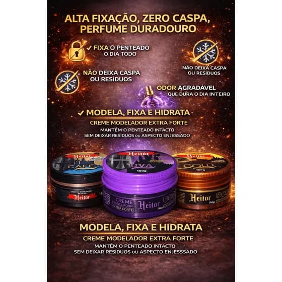 Creme Modelador Masculino Heitor 150g Extra Forte 🔥 Alta Fixação o Dia Todo, Sem Resíduos | Escolha Gold, Uva ou Café