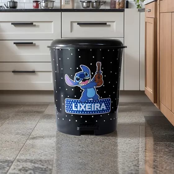 Lixeira Personalizada Stitch Cesto de Lixo 13 Litros Redonda Pedal Cozinha Banheiro Escritório