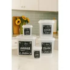 Organizador de Cozinha – Kit 5 Potes para Arroz, Feijão, Açúcar, Café e Sal com Tampa
