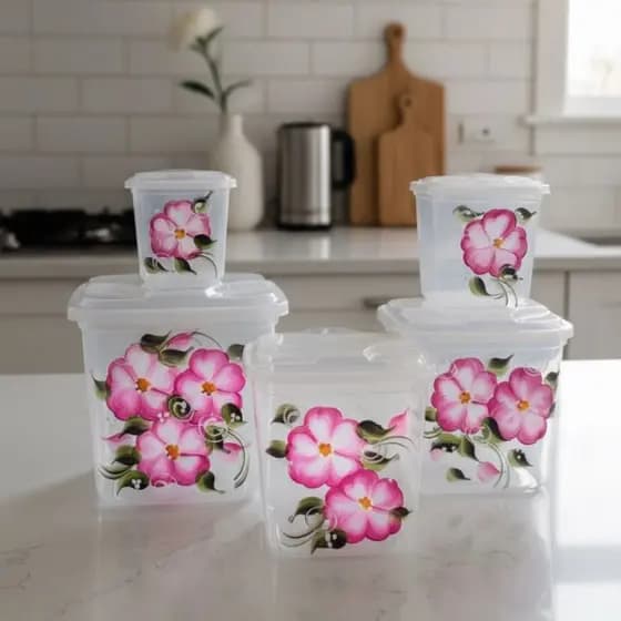 Kit 5 Peças de Mantimentos Transparente – Flores Rosas Pintados a Mão