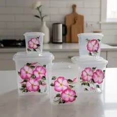 Kit 5 Peças de Mantimentos Transparente – Flores Rosas Pintados a Mão