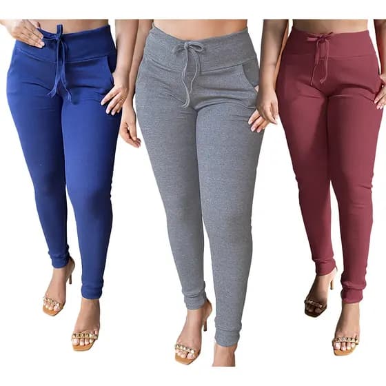 kit 3 calças feminina jogger cintura alta com elastano