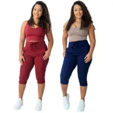 kit 2 calça capri corsario feminina com elastano cintura alta confortavel