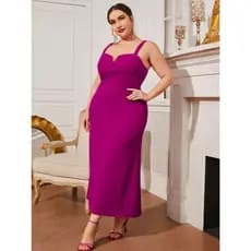 Vestido Feminino Midi Elegante Festa Magenta Alça Larga Decote Estruturado Plus Size