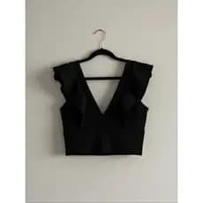 Cropped Feminino Elegante Decote V Manga Babado Preto Social Moda Feminina