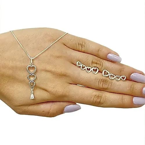 Kit Colar E Brinco Corações Folheado/banhado Prata 925