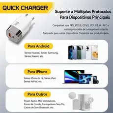 Carregador turbo de 45W Quick Charge 3.0 GaN - Tipo C e USB Carregador Rápido para Celular e Tablet Android e iOS