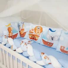 Kit Mini Berço com 12 peças + Saia de Berço Bebê Menino Barquinho