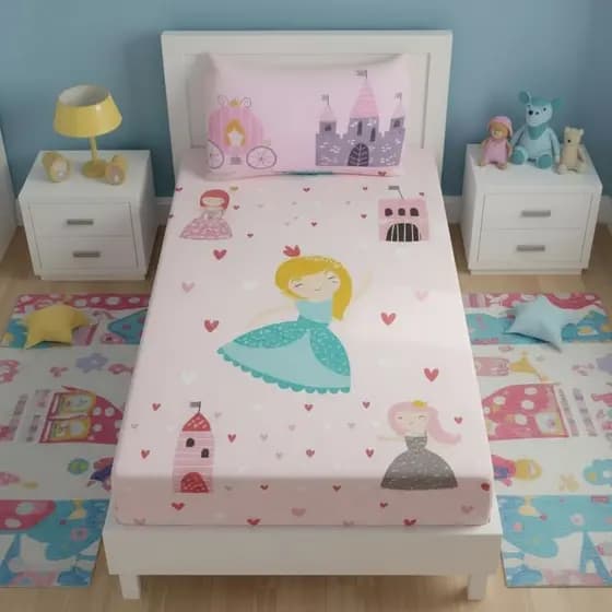 Jogo de Lençol Solteiro 2 peças Lençol Elástico com Fronha Estampada Princesas