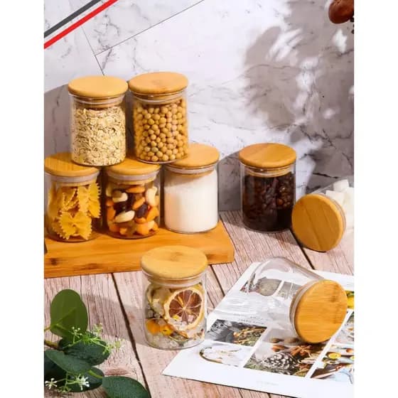 Kit Conjunto Potes De Vidro hermético Com Tampa de Bambu Saleiros Moderno Clean 200ml