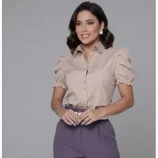 Camisa Social Feminina tricoline manga curta princesa bufante de botoes lisa tradicional entrevista formal
