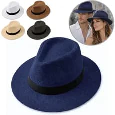 Chapéu Panamá Aba Larga Moda Casual Palha Clássico Praia Verão Masculino Feminino Unissex Fita Preta