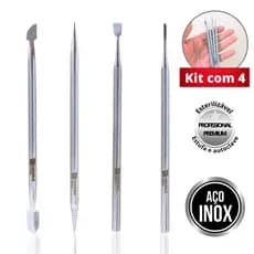 Kit Espátula + Palito + Desencravador + Raspador Manicure Aço Inox Profissional