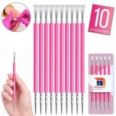 Kit 10 Espátula Cutícula Manicure Mista Cutelaria Rosa Silicone Empurrador Palito Unha Aço Inox
