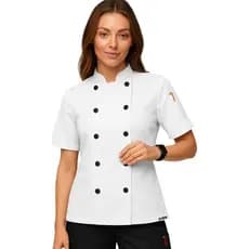 Dólmã Feminina Para Chef Cozinha Restaurante Padaria Confeitaria Bar Gambuza Uniforme Cozinheira Manga Curta Acinturada
