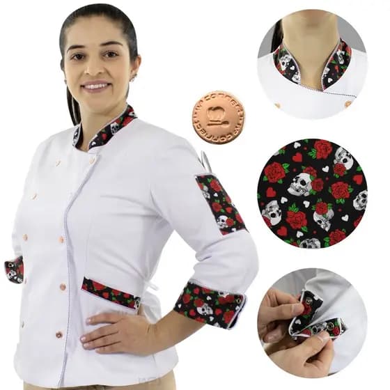 Dólmã Feminino Modelo 01 Sarja Estampado Branco Caveiras