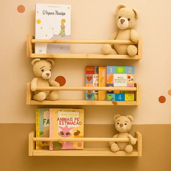 Kit de 3 Prateleiras Infantil de Madeira Montessori para Livros e Decoração - Dulce  Slim  - 50 cm