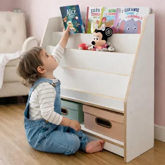 Estante Infantil Montessori Porta Livros Branca em MDF – Revisteiro Organizador Dumbo