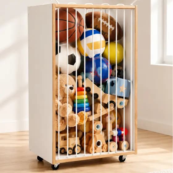 Baú Organizador de Brinquedos Porta Bola Infantil Cesto Multifuncional com Rodinhas | MDF Branco
