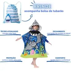 Toalha Infantil de Tubarão com capuz para verão atoalhado - estilo poncho roupão