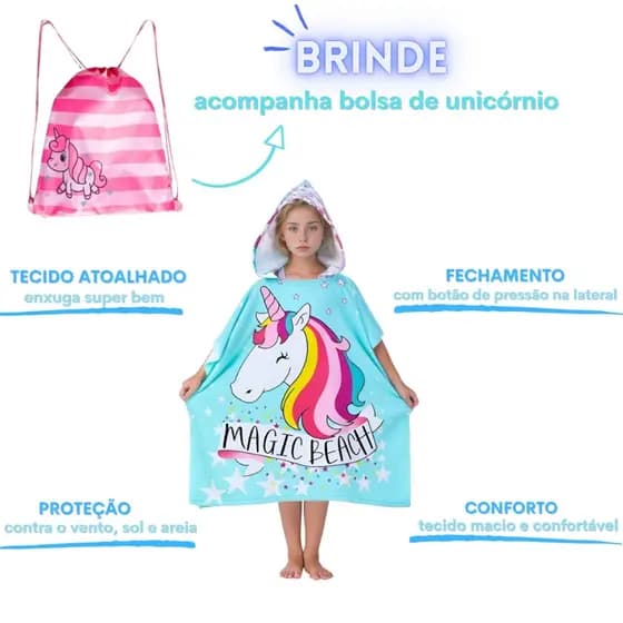 Poncho atoalhado Infantil Menino Menina Unicórnio Personagem Desenho Animado