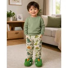 Pantufa de criança Dino Verde Super Macia e confortável solado antiderrapante - Presente Perfeito
