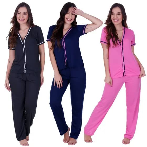 Pijama Americano Calça Longa Manga Curta Amamentação Pós Cirúrgico com Botões Inverno de Frio Vanessa