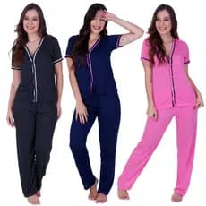 Pijama Americano Calça Longa Manga Curta Amamentação Pós Cirúrgico com Botões Inverno de Frio Vanessa