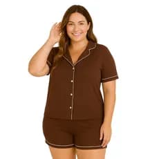 Pijama Americano Plus Size Blusa com Botões que Abrem e Short Brenda 50 52 54 56