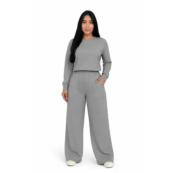 Conjunto Moletinho Blusa com Manga Longa e Calça Wide Leg e Samantha