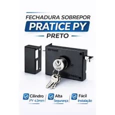 Fechadura Sobrepor Preta Pratice PY Soprano Porta Portão Segurança Alta Cilindro PY 43mm