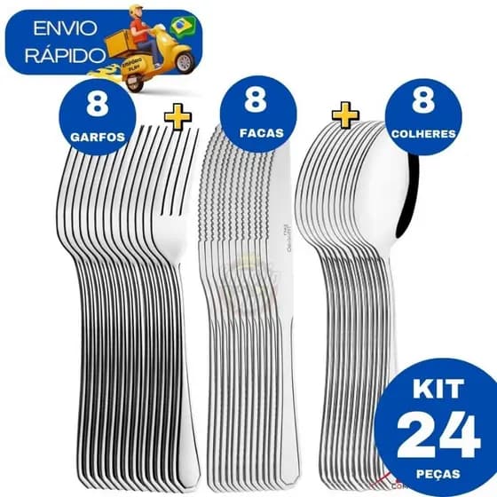 Kit 24 Peças Jogo de Talher Mesa Cozinha 8 Colher 8 Garfo 8 Faca de Inox Faqueiro Conjunto Restaurante Lanchonete