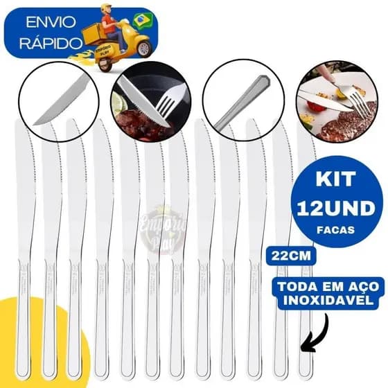 Jogo 12 Facas Inox de Mesa Talher Casa e Restaurante Churrascaria Churrasco Kit Jogo 1 Dúzia