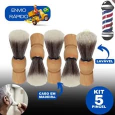 Kit 5 Pincel De Barbear Para Barba Cerda Natural Uso Profissional E Doméstico Barbearia Cabo Madeira