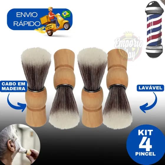 Kit 4 Pincel De Barbear Para Barba Cerda Natural Uso Profissional E Doméstico Barbearia Cabo Madeira
