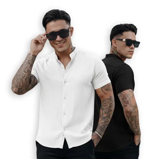 Kit 2 Camisas Masculinas Gola Padre Slim Fit em Linho Manga Curta Casual Elegante Premium
