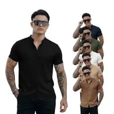 Camisa Masculina de Linho Slim Gola Padre Manga Curta Estilo Casual Chic Leve e Elegante
