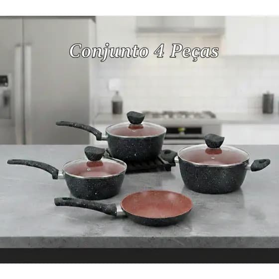 Jogo de Panelas Antiaderente 4 Peças Tampa de Vidro Kit Conjunto Cozinha Completa