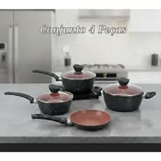 Jogo de Panelas Antiaderente 4 Peças Tampa de Vidro Kit Conjunto Cozinha Completa