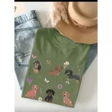 CAMISETA FEMININA 100 % ALGODÃO CASUAL FOFA BASSET DACHSHUND SALSICHINHA CACHORRINHO FLOR