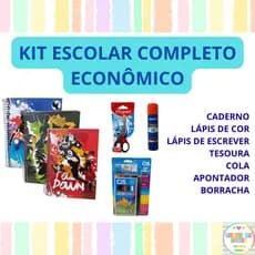 Kit Escolar com Caderno Espiral Capa Dura Lápis de Cor e de Escrever Tesoura Cola Borracha Apontador