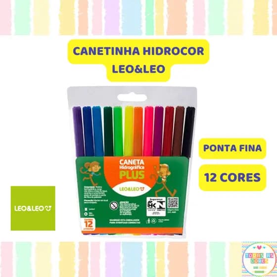 Canetinha Hidrográfica Ponta Fina LEO&LEO 12 Cores Lavável Escolar Caneta Colorida
