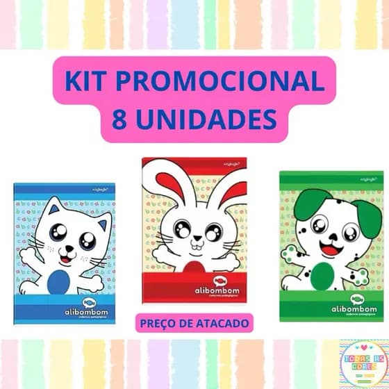 KIT 8 cadernos ALIBOMBOM CAPA DURA 80 folhas cor Azul ou Vermelho ou Verde  MATERIAL ESCOLAR