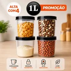 Jogo até 24 Potes 1 Litro Mantimento Plástico com Tampa de Rosca Hermético Multiuso Kit Organizador