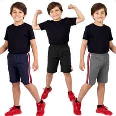 Kit 3 Bermudas Shorts Infantil Masculina Tecido Tactel Faixas Lateral Cinza Uniforme Escolar 214