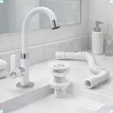 Kit Torneira Lavatório Banheiro Branca ABS + Válvula Lavatório ABS + Sifão Extensível Branco