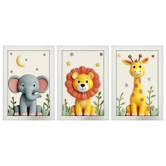 Kit 3 Quadros 20x30 Infantil Safari Savana 3D Moldura Branca