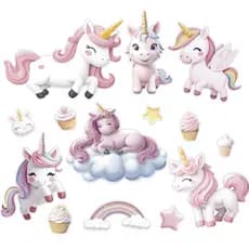 Adesivo Papel de Parede Infantil Unicórnios Cupcake Estrela